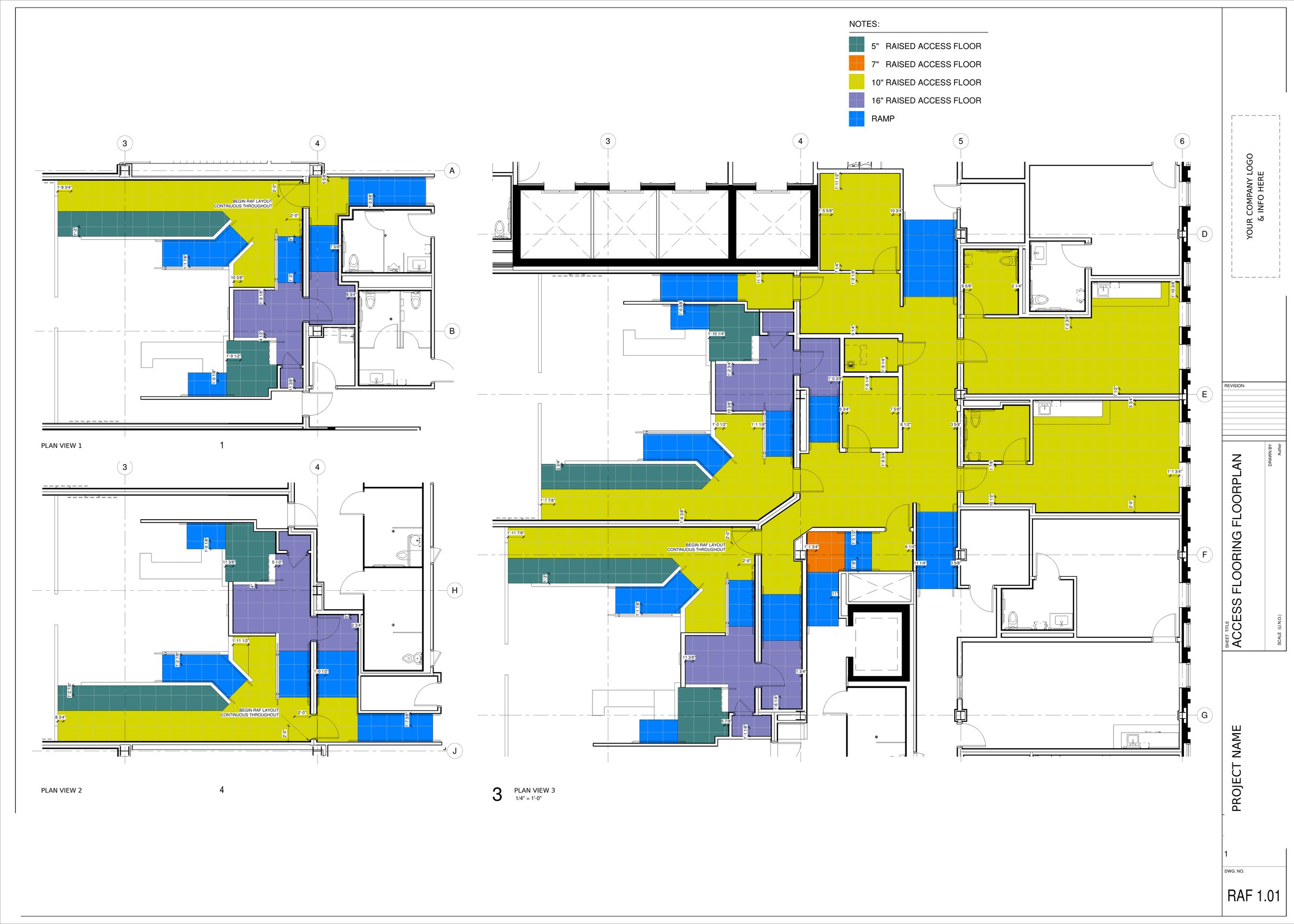 Color-coded raised access floor plan by finished floor height