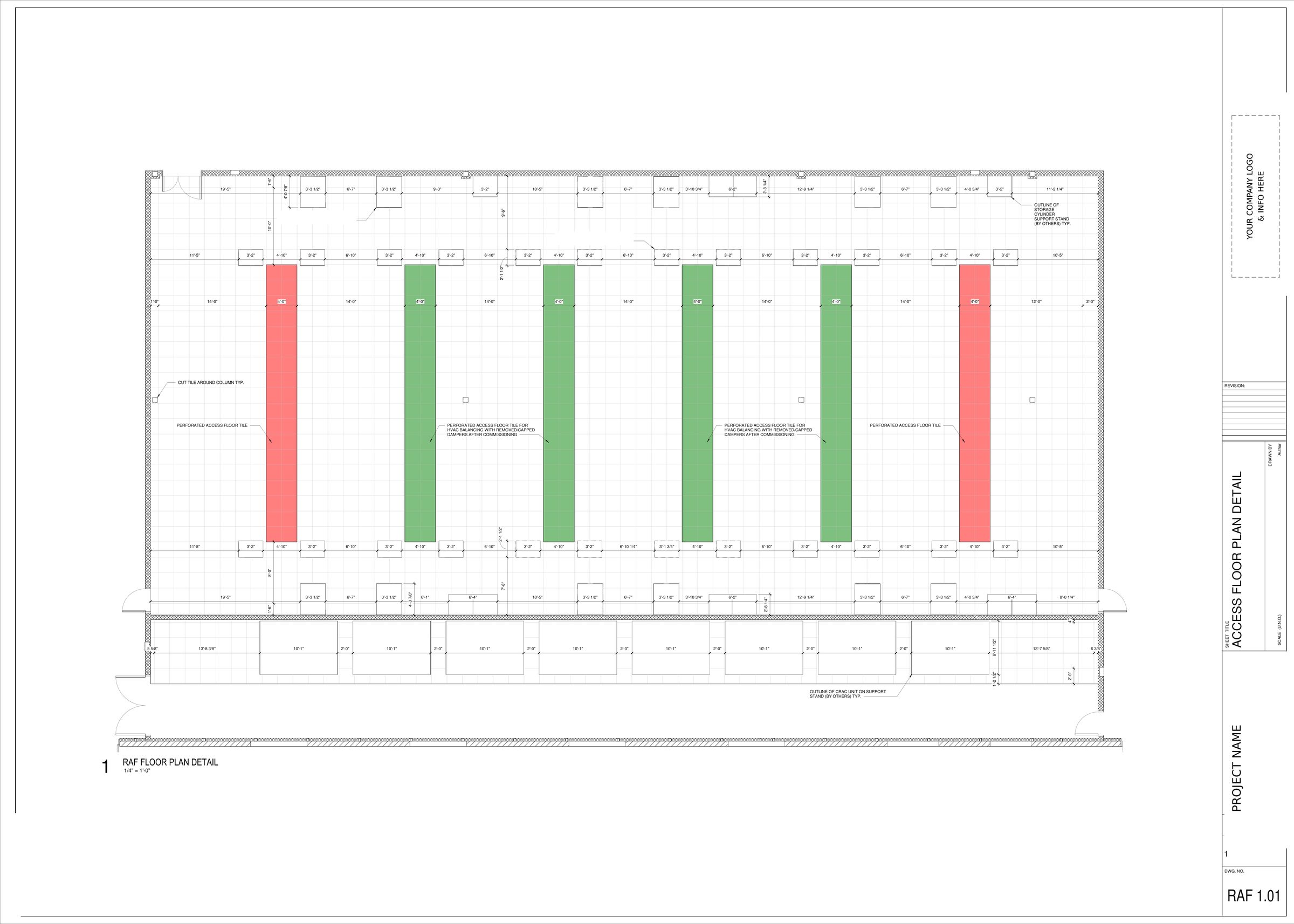 Raised access floor plan detail with perforated airflow tiles highlighted